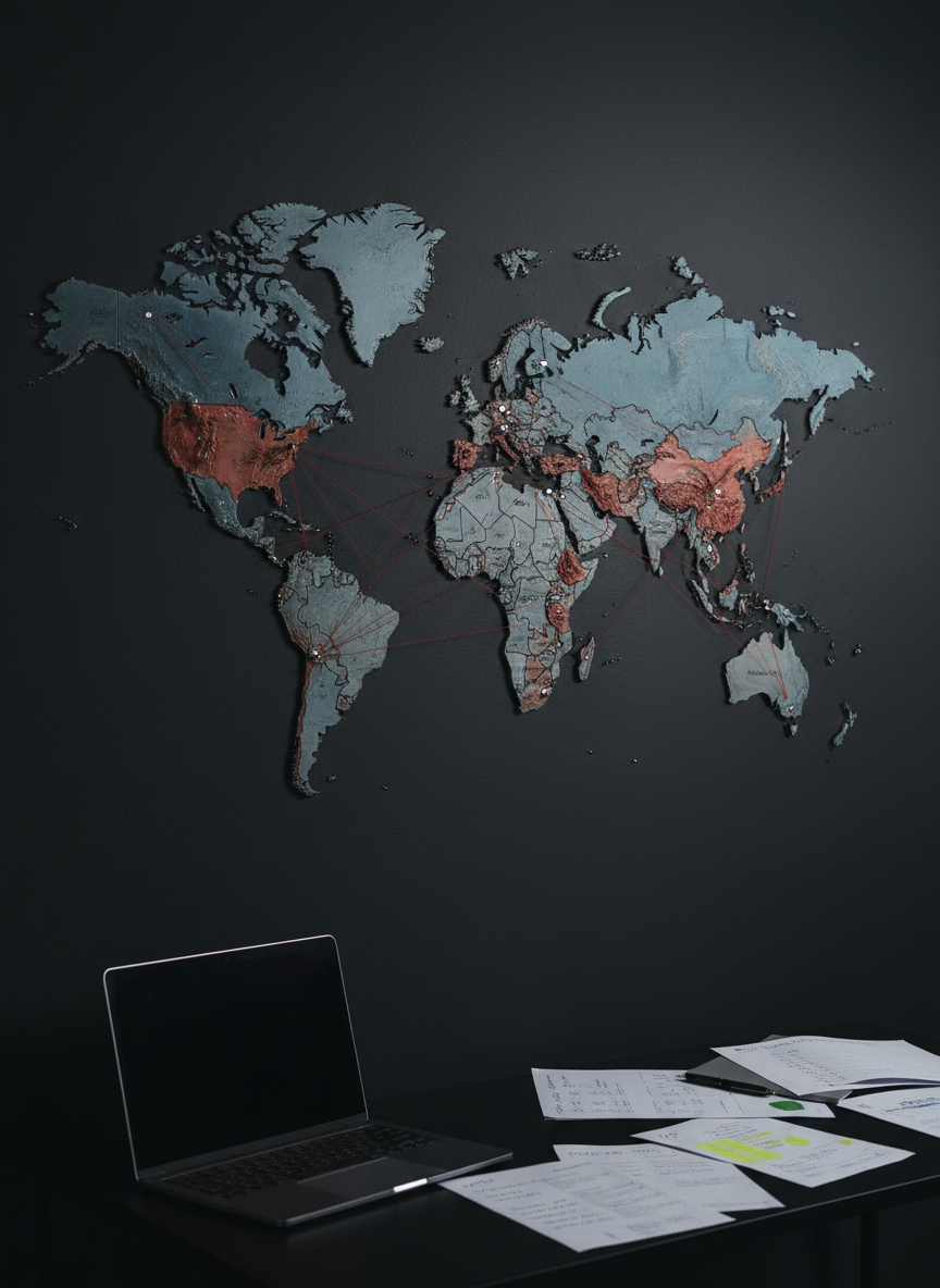 A close-up of a detailed, raised-relief world map mounted on a dark matte wall, each country in subtly different muted tones of blue, gray, and rust red. Thin red threads stretch between geopolitical hotspots, pinned with small metallic markers, suggesting a network of political tensions. A sleek black desk with a minimalist laptop and scattered annotated policy briefs sits at the bottom edge of the frame, slightly blurred. Cool, directional studio lighting from the left creates gentle shadows on the map’s texture and highlights the contours of borders. The mood is strategic and analytical. Shot from a slightly elevated angle, with the map occupying most of the composition, in photographic realism with a modern, professional editorial aesthetic.