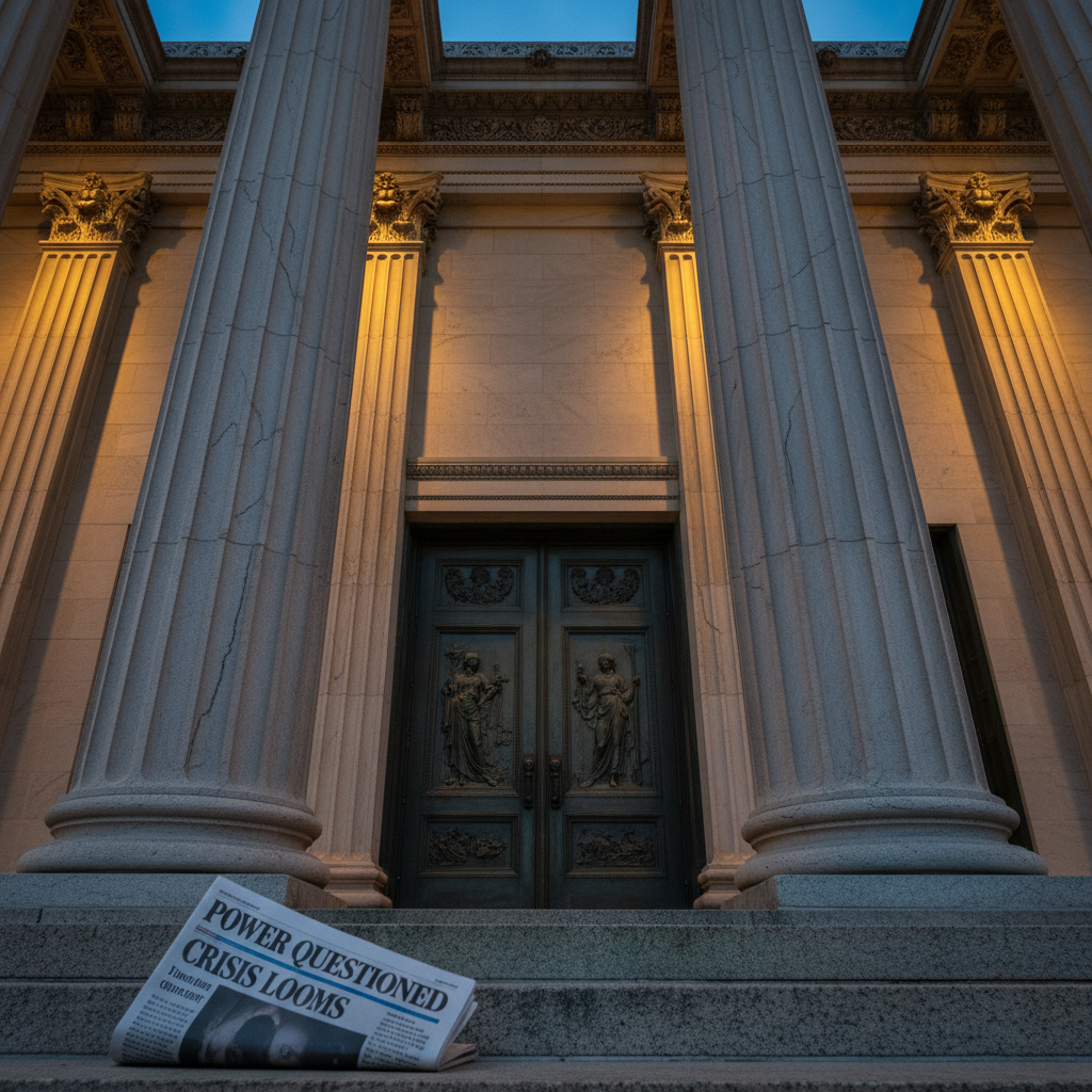An imposing neoclassical government building façade at dusk, captured in tight crop so only tall stone columns, intricate capitals, and heavy bronze doors dominate the frame. The stone is slightly weathered, showing fine cracks and stains that suggest history and conflict. Warm streetlights cast long vertical shadows between the columns, while a cool blue twilight sky peeks through at the top edge, creating a cinematic contrast. A single folded newspaper with bold political headlines lies on the stone steps in the lower corner, in sharp focus. The mood is critical and reflective, hinting at institutional scrutiny. Photographic realism with dramatic, directional lighting, shot from a low angle to emphasize scale and power, with strong depth and crisp detail.
